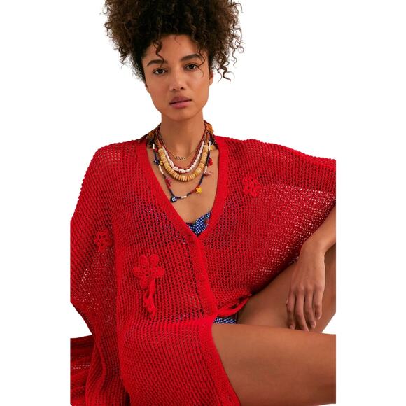 NWT FREE PEOPLE Women’s Red Crochet Button Front Duster - Picture 3 of 6